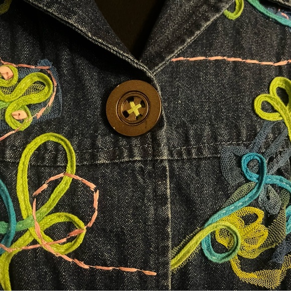 CHOICES Women PM Denim Jacket Ribbon Embellished Blue Snap Closure Long Sleeves - Picture 6 of 16